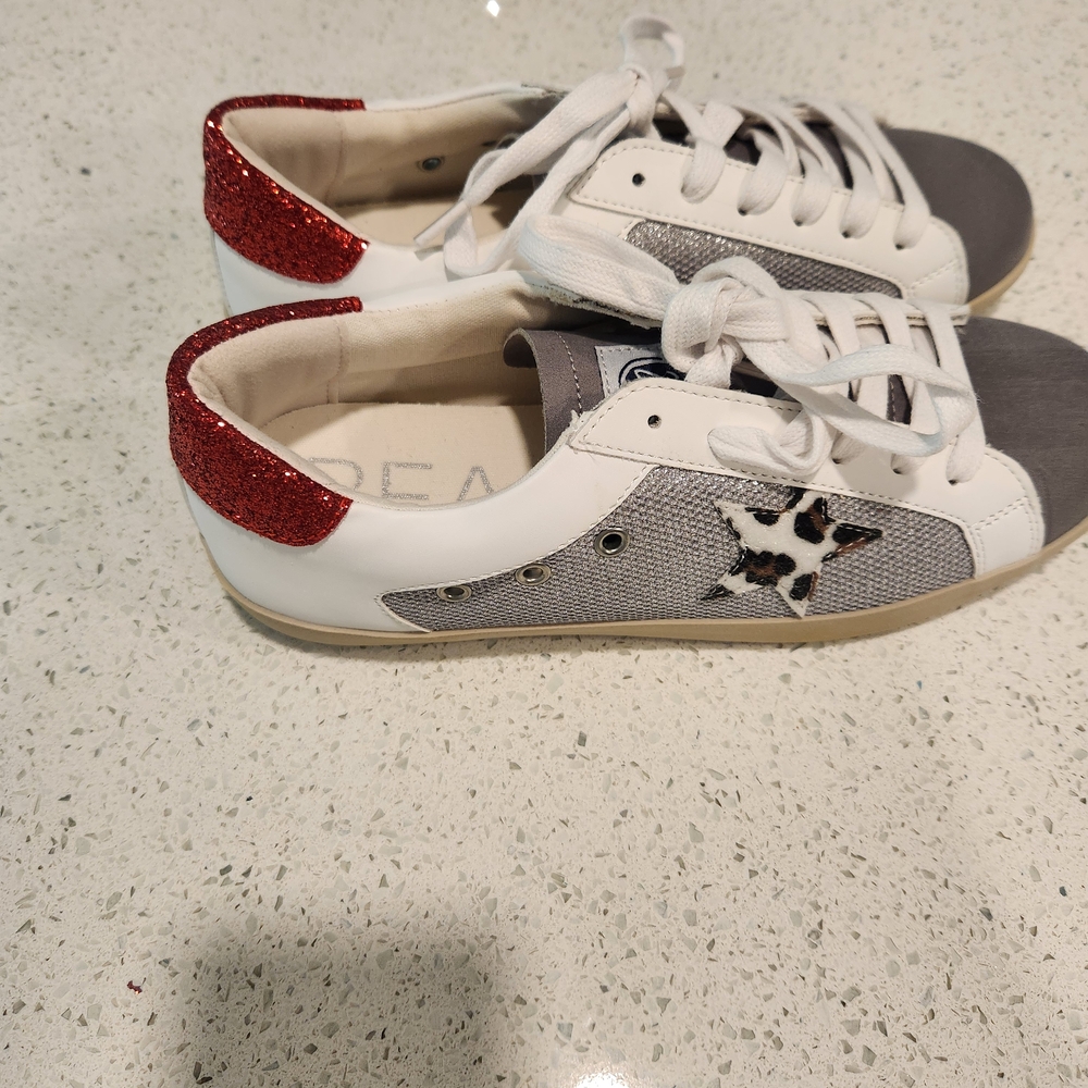 White and Gray Sneakers with Red Glitter Heel